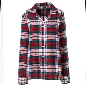 Land's End Cotton Flannel Plaid Holiday Button Down Pajama Top Red Medium